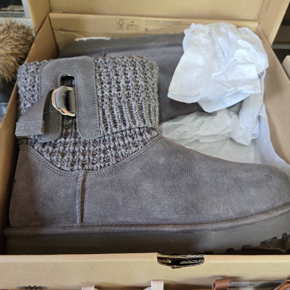 Gray Knit Buckle Ankle Boots